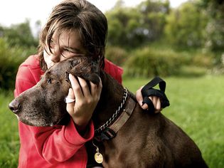 Girl with dog in country field