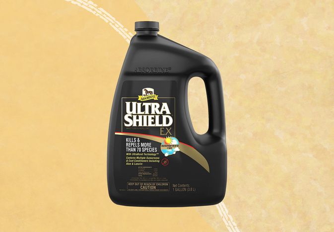 Absorbine UltraShield EX Insecticide & Repellent collaged on a yellow background