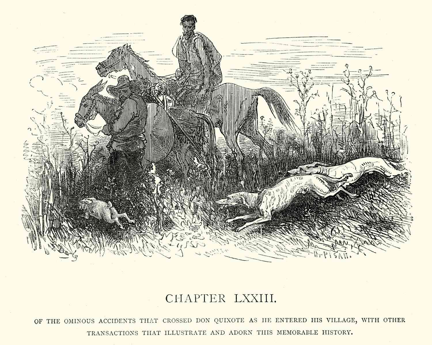 Illustration from Don Quixote, featuring Galgos hunting along with people and horses